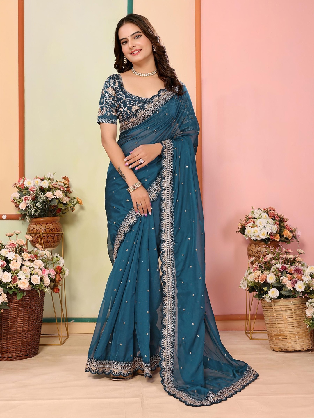 

HERE&NOW Floral Embroidered Sequinned Saree, Turquoise blue
