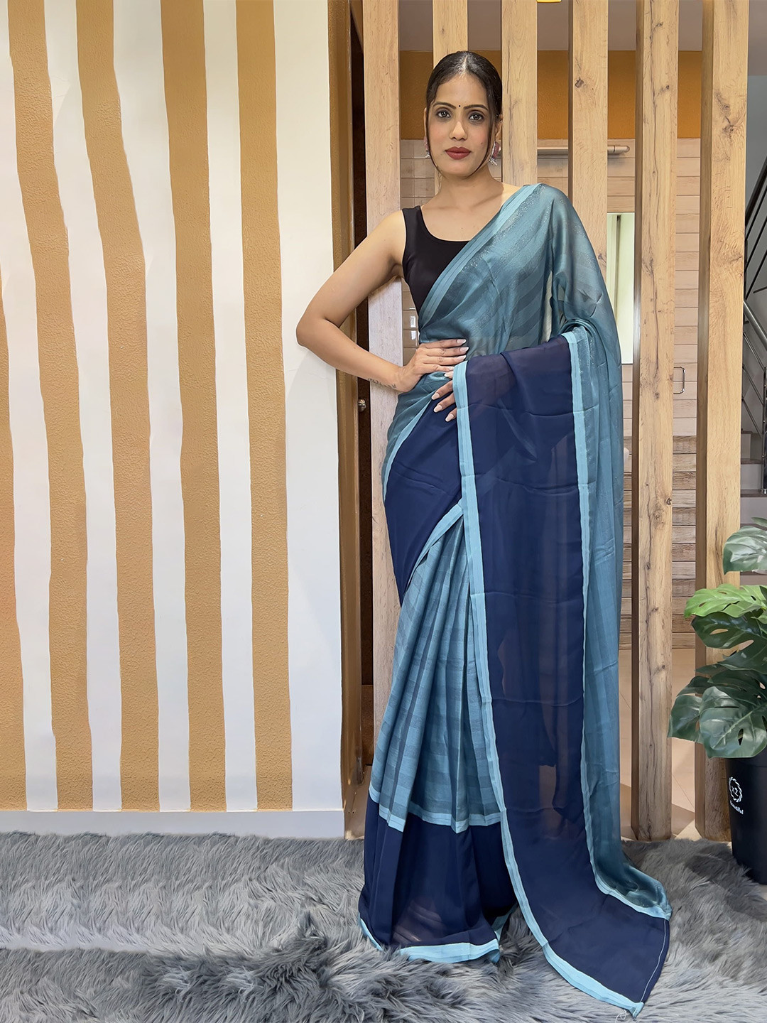

KAYOMMI Striped Pure Chiffon Ready to Wear Saree, Blue
