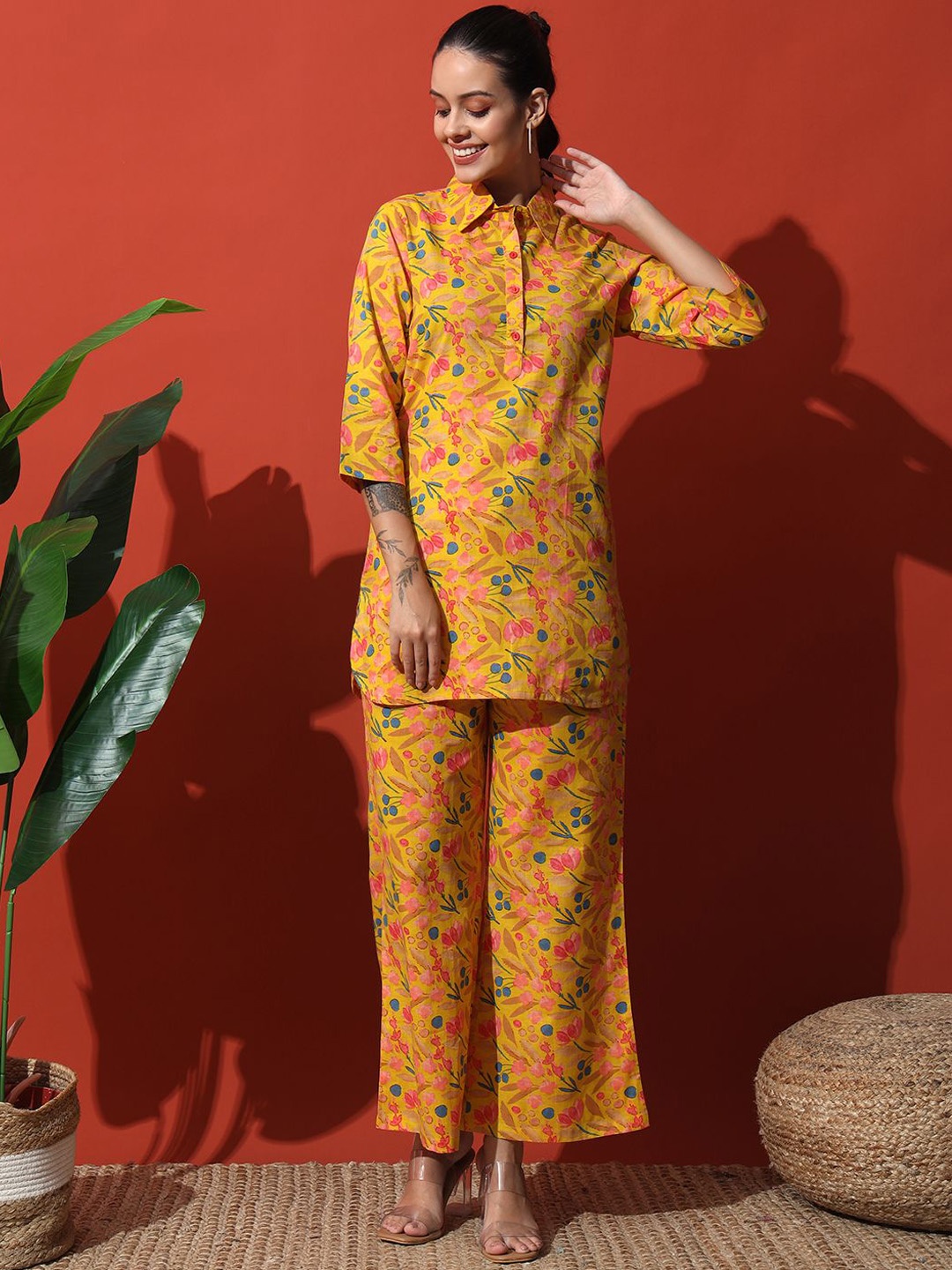 

Vastralay Floral Printed Pure Cotton Tunic With Trousers, Mustard