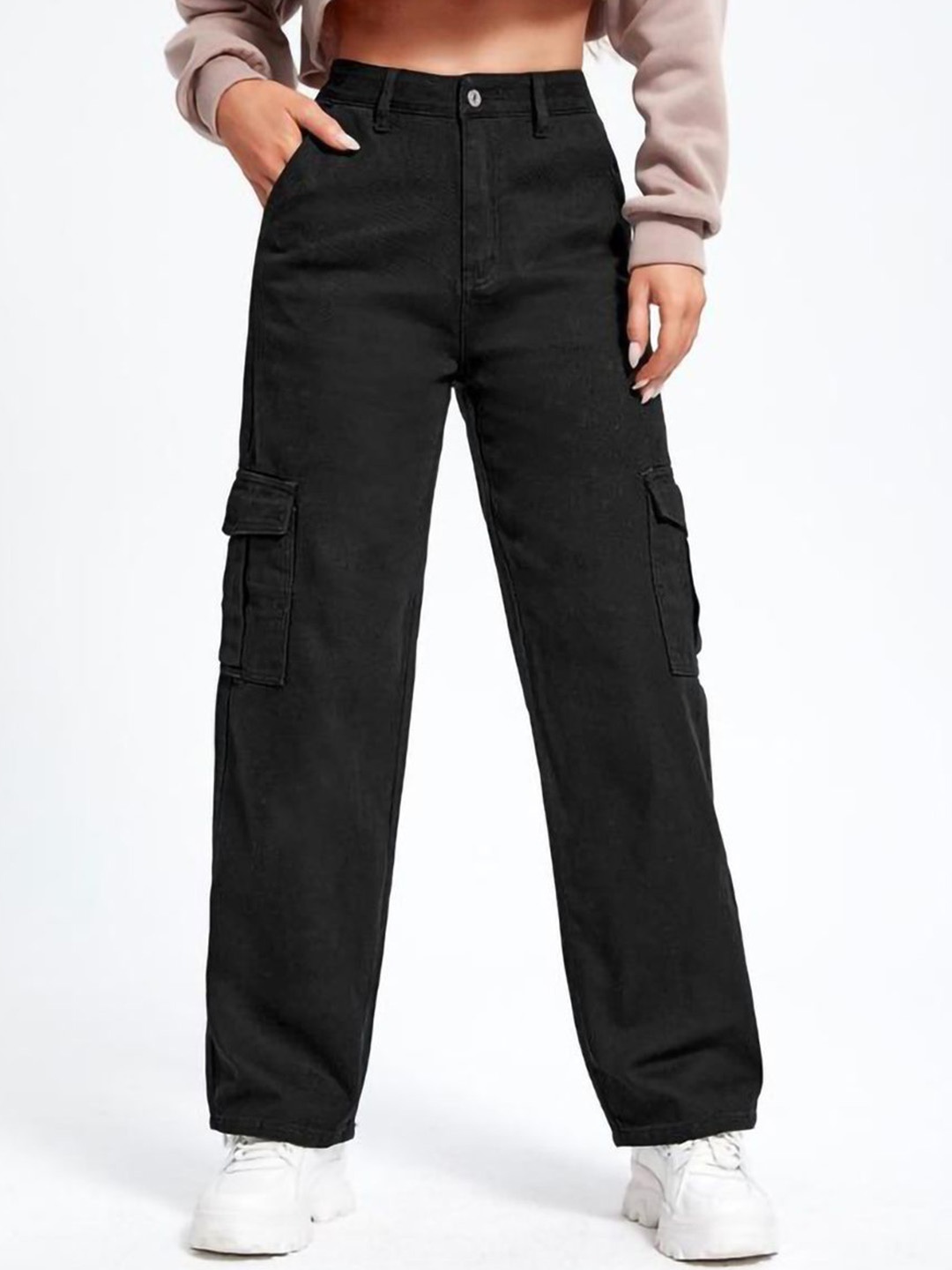 

Kotty Women Cotton Straight Fit High-Rise Cargo Styles Jeans, Black