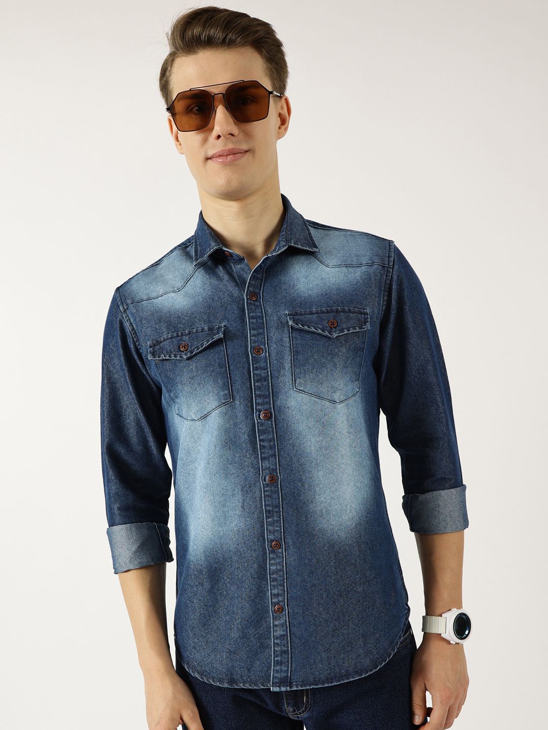 

Thomas Scott Men Classic Spread Collar Faded Cotton Slim Fit Casual Shirt, Blue