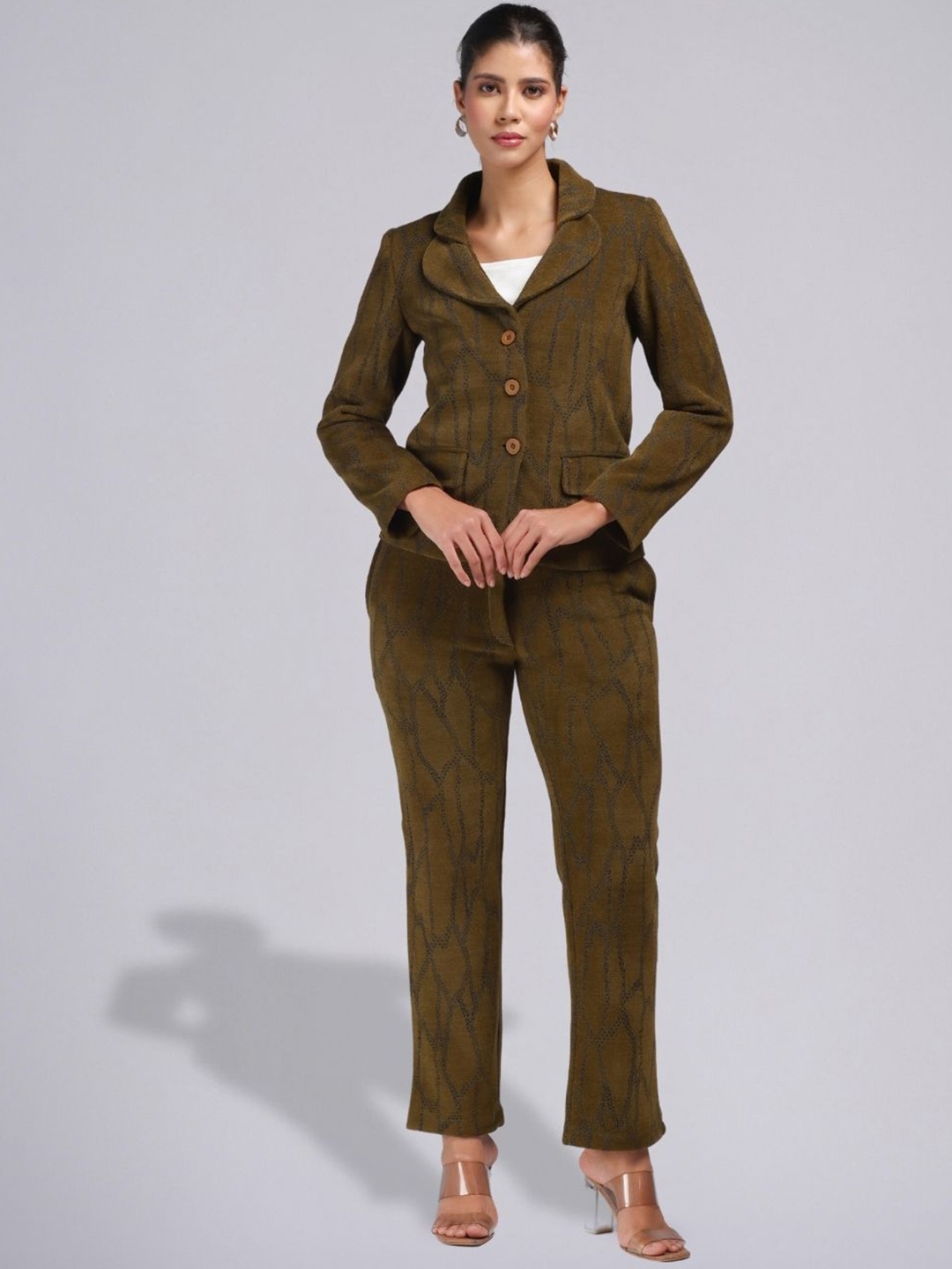 

PUREMIST Self Design Lapel Collar Shirt With Trousers, Green