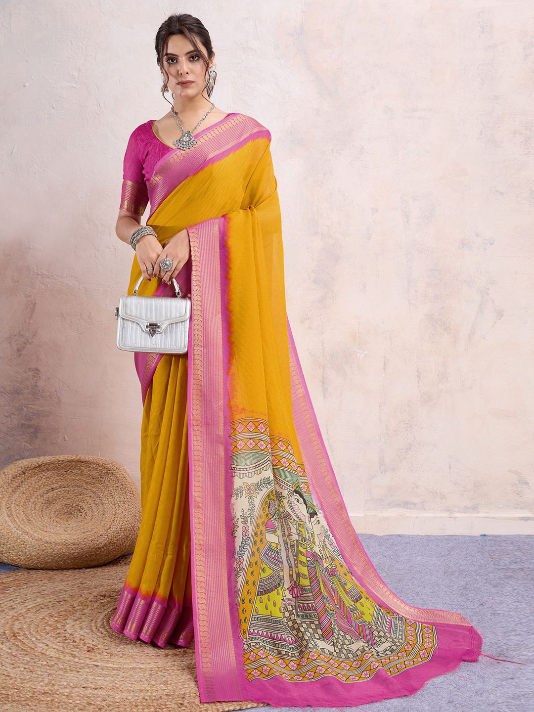 

Mitera Ethnic Motifs Zari Silk Blend Saree, Mustard