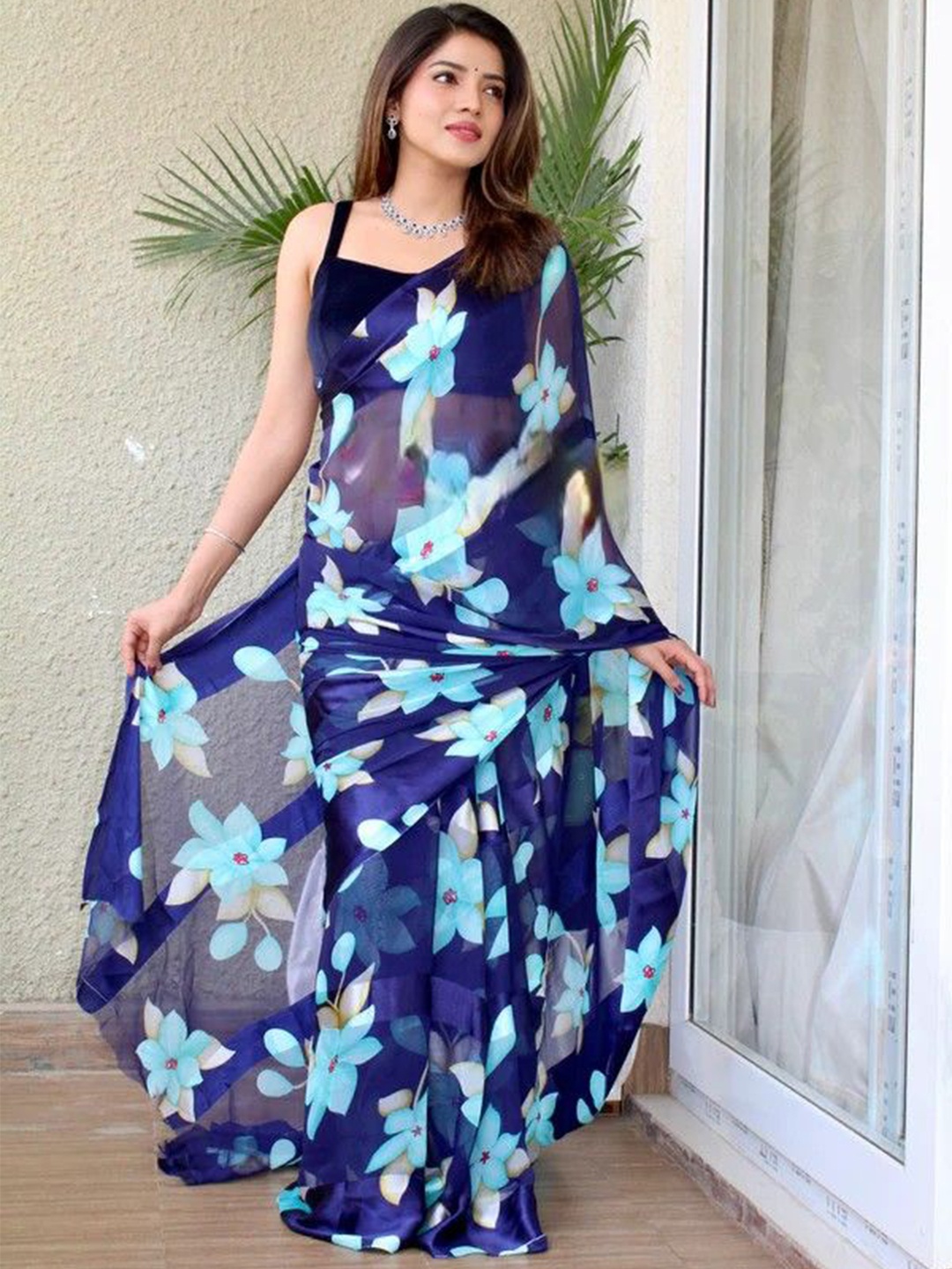 

Sanwariya Silk Floral Pure Georgette Bagh Saree, Navy blue