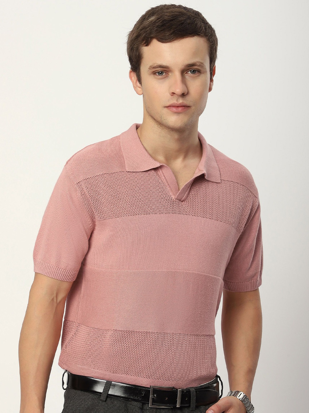 

Beyoung Men Striped Polo Collar Pockets T-shirt, Pink