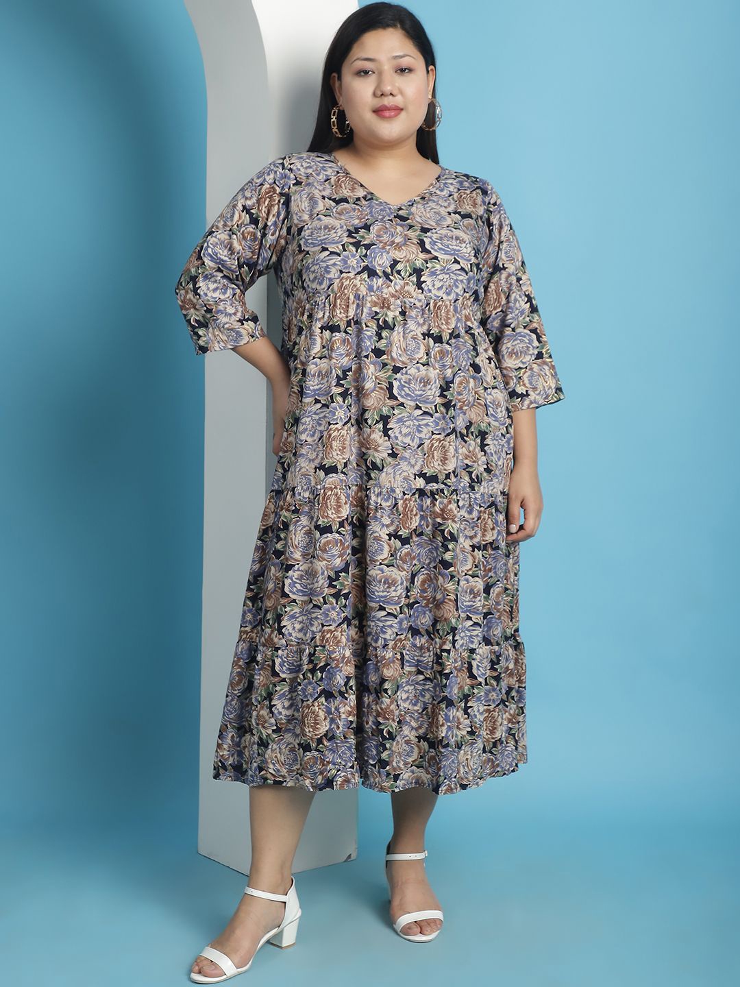 

theRebelinme Floral Print A-Line Midi Dress, Navy blue