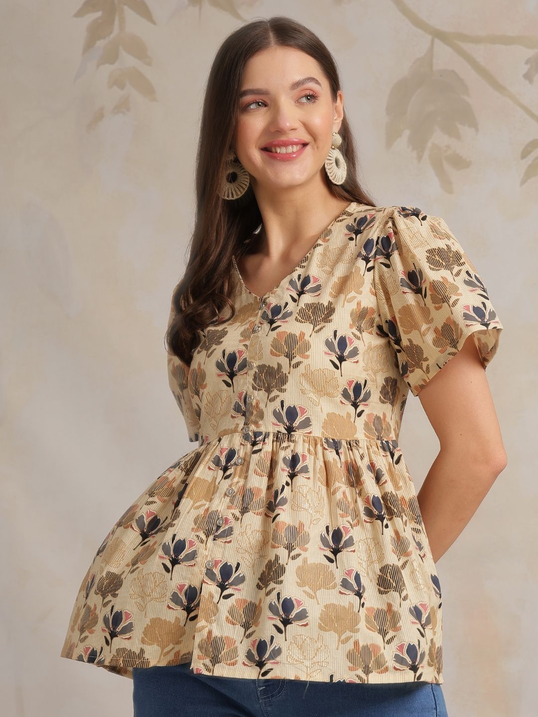 

Anouk Women Floral Printed Flared Sleeve Pure Silk Top, Beige