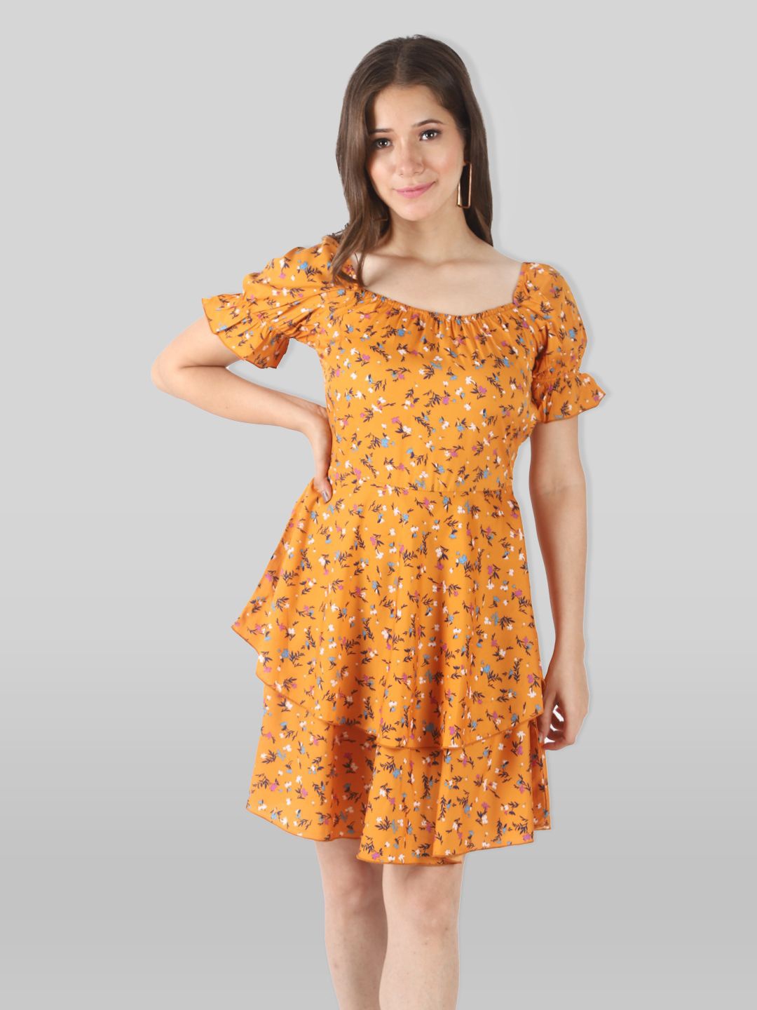 

all about you Floral Print Puff Sleeve Fit & Flare Dress, Yellow