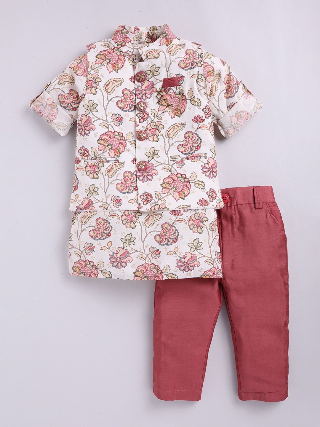 

Little Collars Kids Floral Printed Roll Up Sleeves Casual Jacket Kurta Set, Maroon
