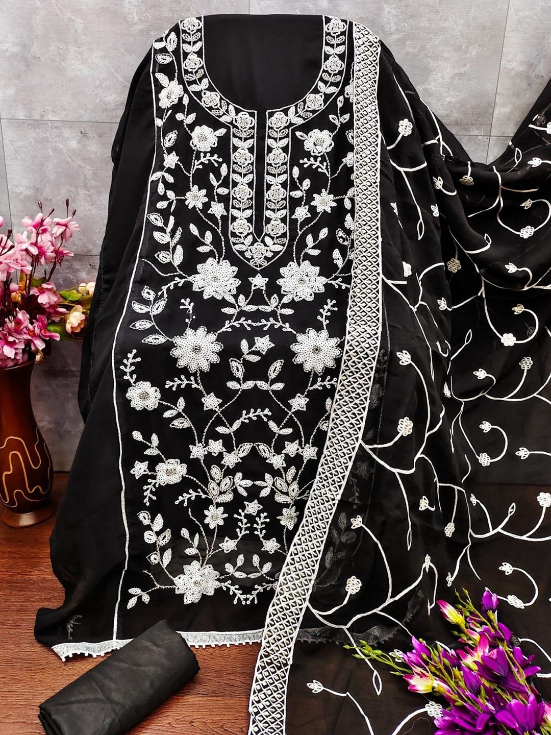 

ZEEPKART Silk Georgette Unstitched Dress Material, Black