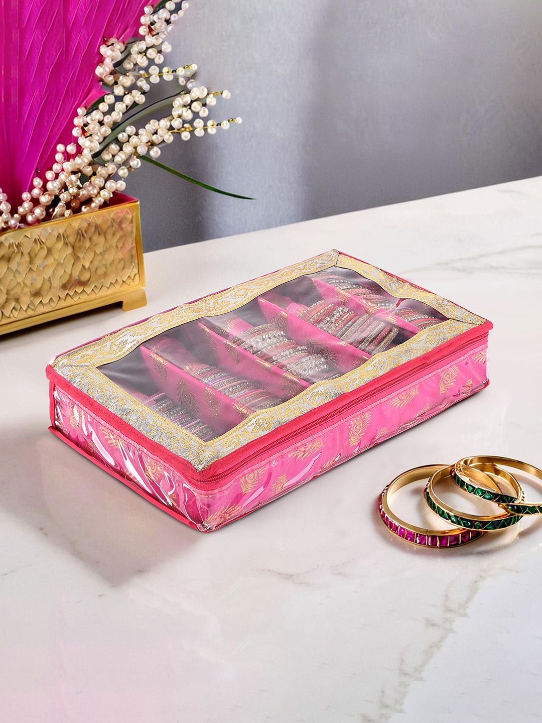 

Kuber Industries Pink & Gold Toned Ethnic Motifs Printed 5-Rod Bangle Organiser