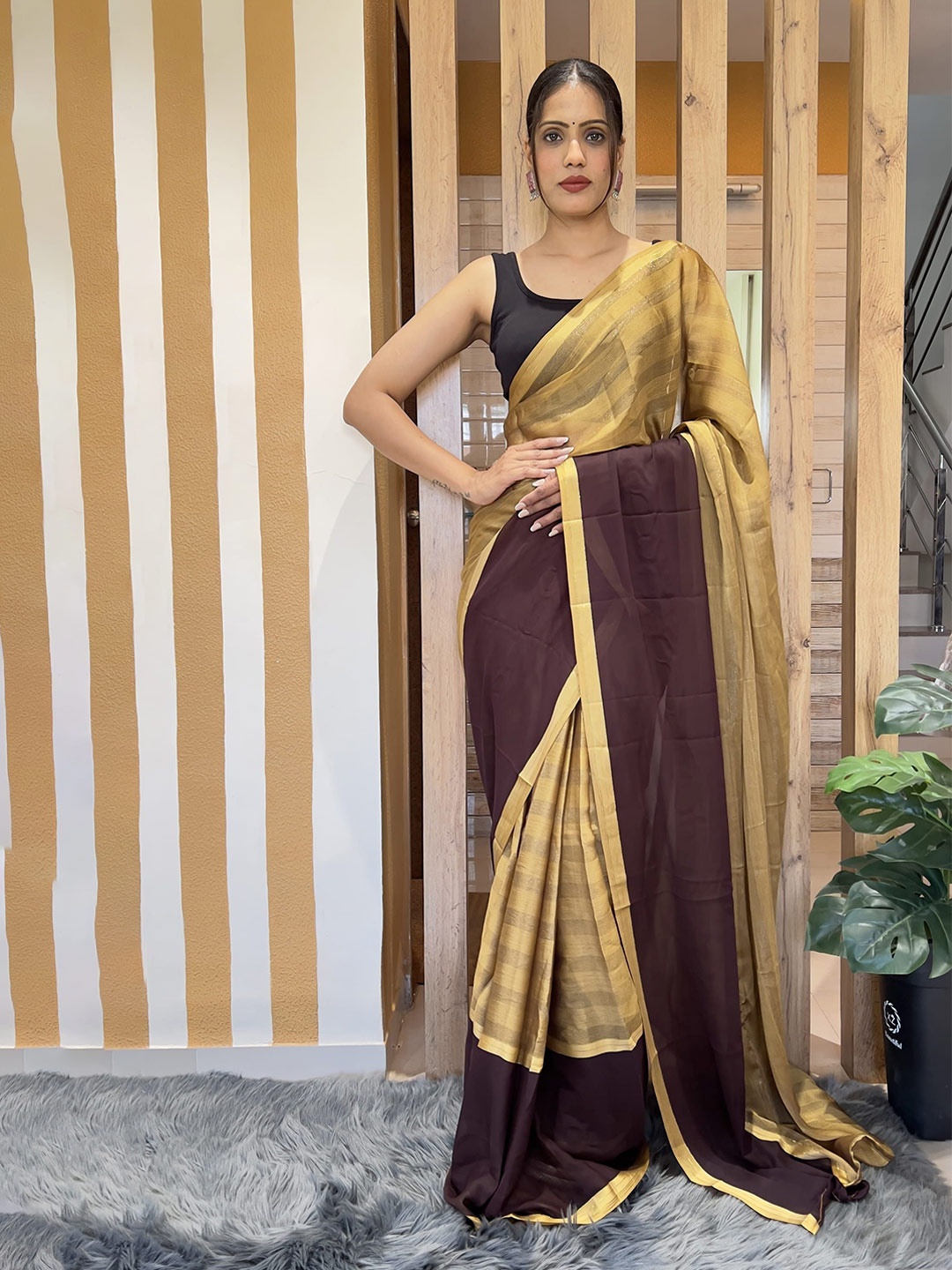 

KAYOMMI Striped Pure Chiffon Ready to Wear Saree, Yellow