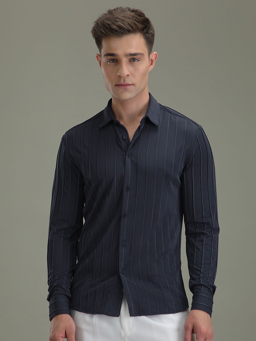 

Banana Club Men Classic Slim Fit Opaque Striped Casual Shirt, Blue