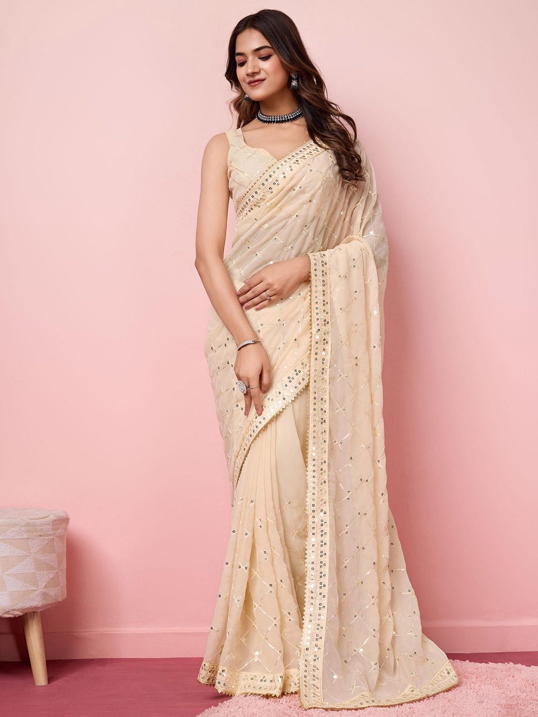 

HERE&NOW Embellished Sequinned Saree, Cream