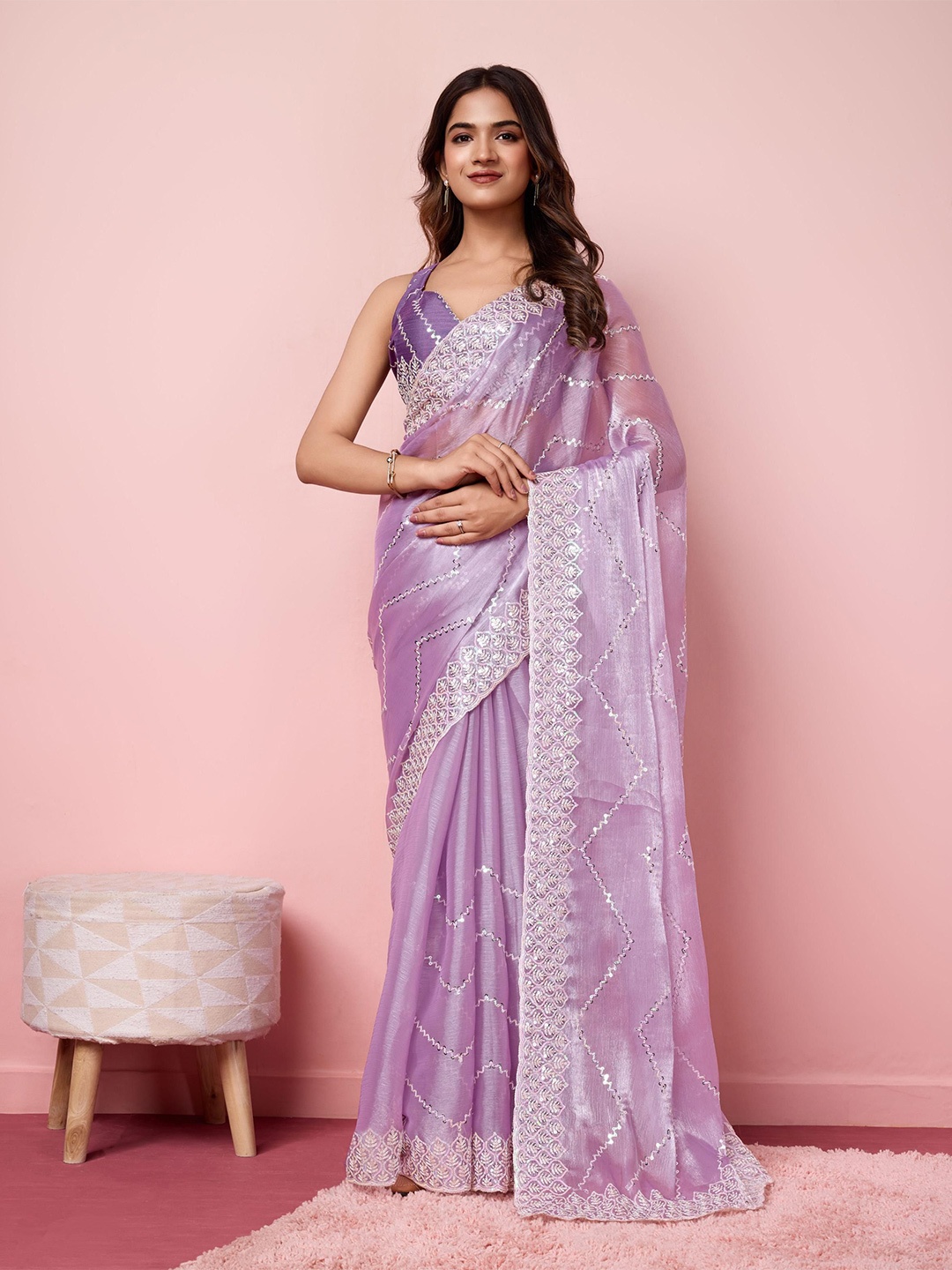 

HERE&NOW Embellished Sequinned Saree, Lavender