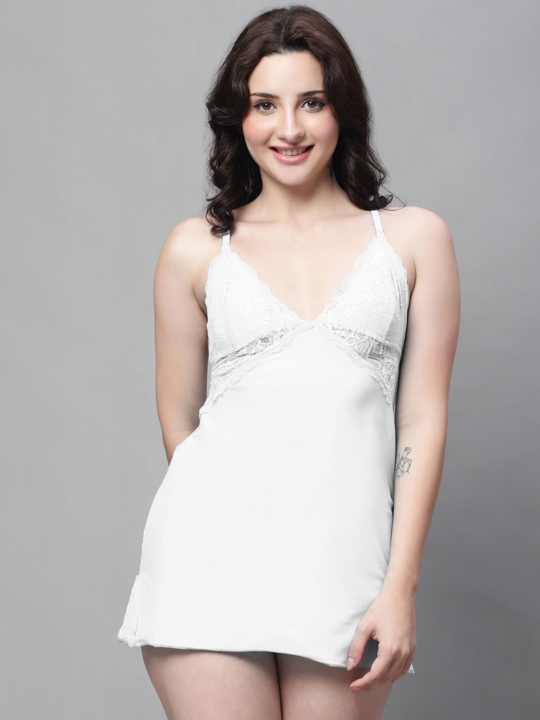 

new blue eyes Women Shoulder Straps Lace Baby Doll, White