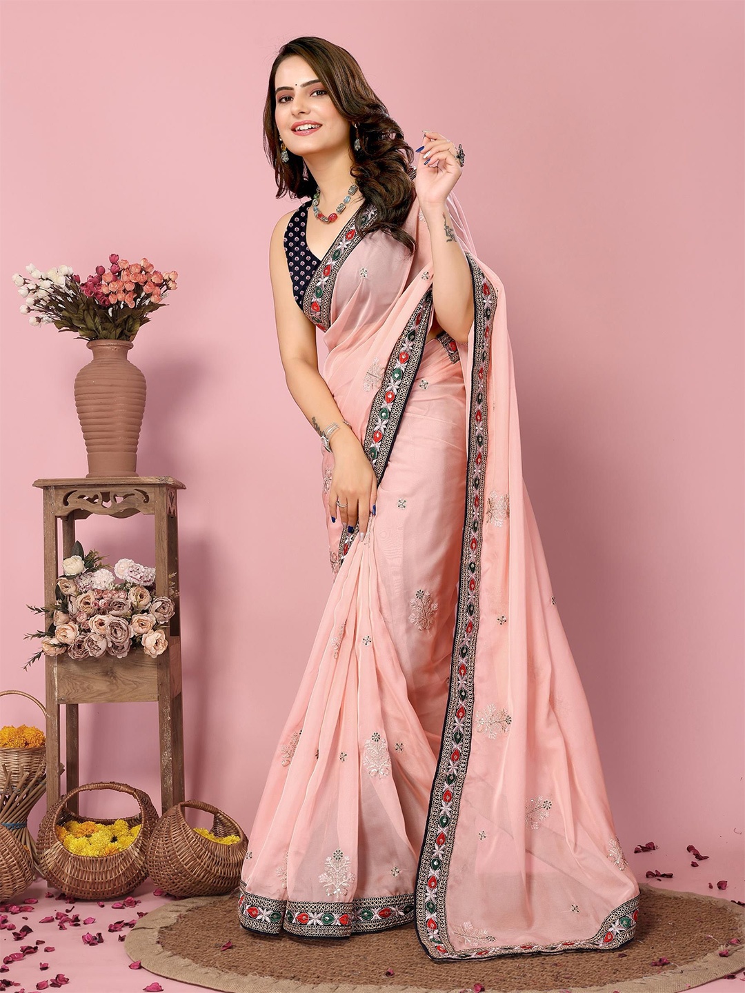 

HERE&NOW Floral Embroidered Organza Saree, Peach