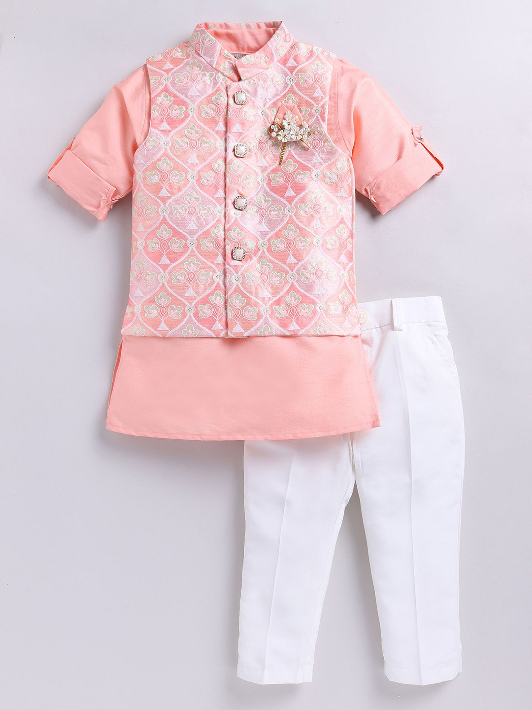 

LITTLE COLLARS Boys Regular Kurta with Trousers & Nehru Jacket, Peach