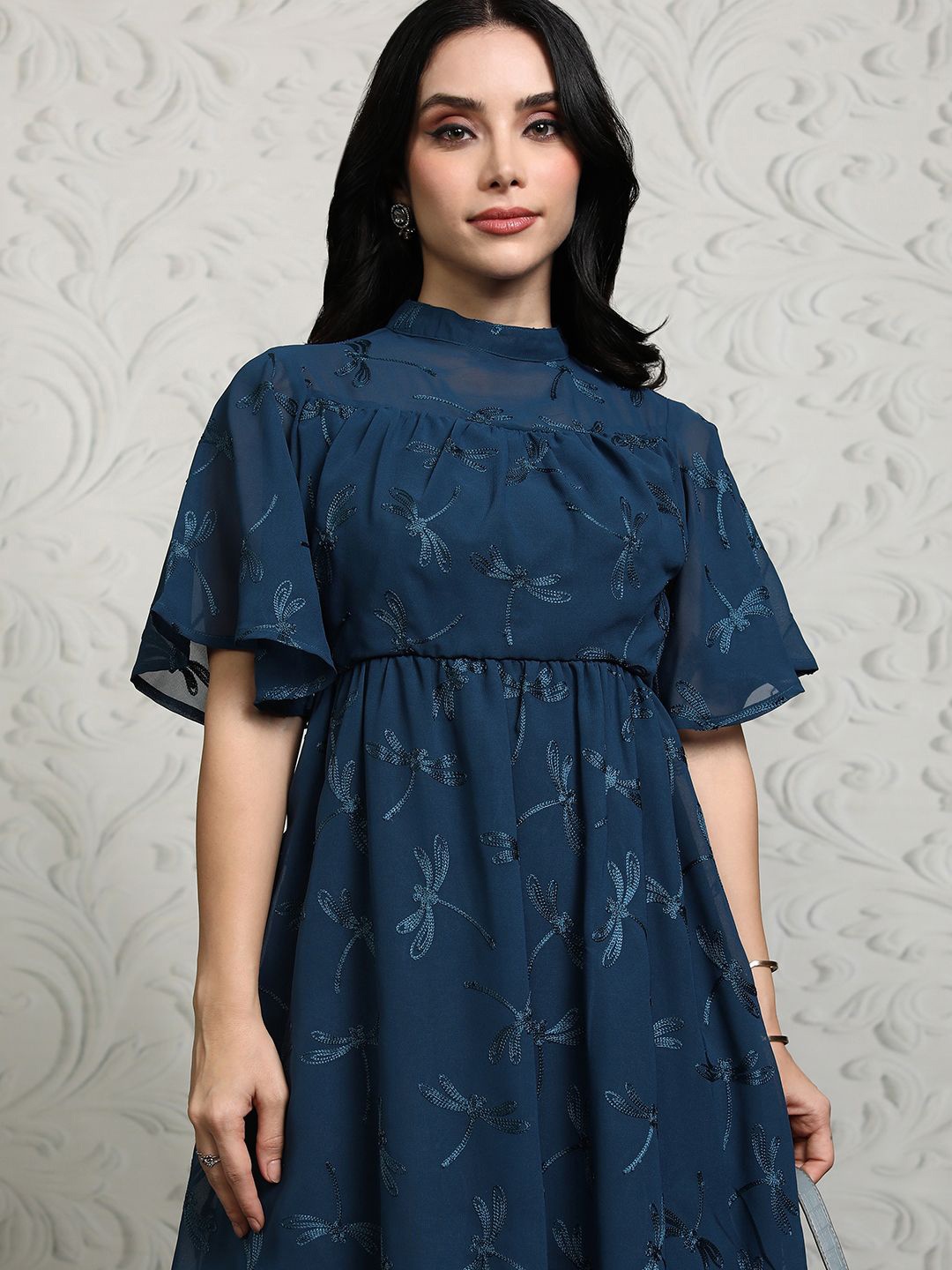 

Vishudh Embroidered Flutter Sleeve Fit & Flare Dress, Teal