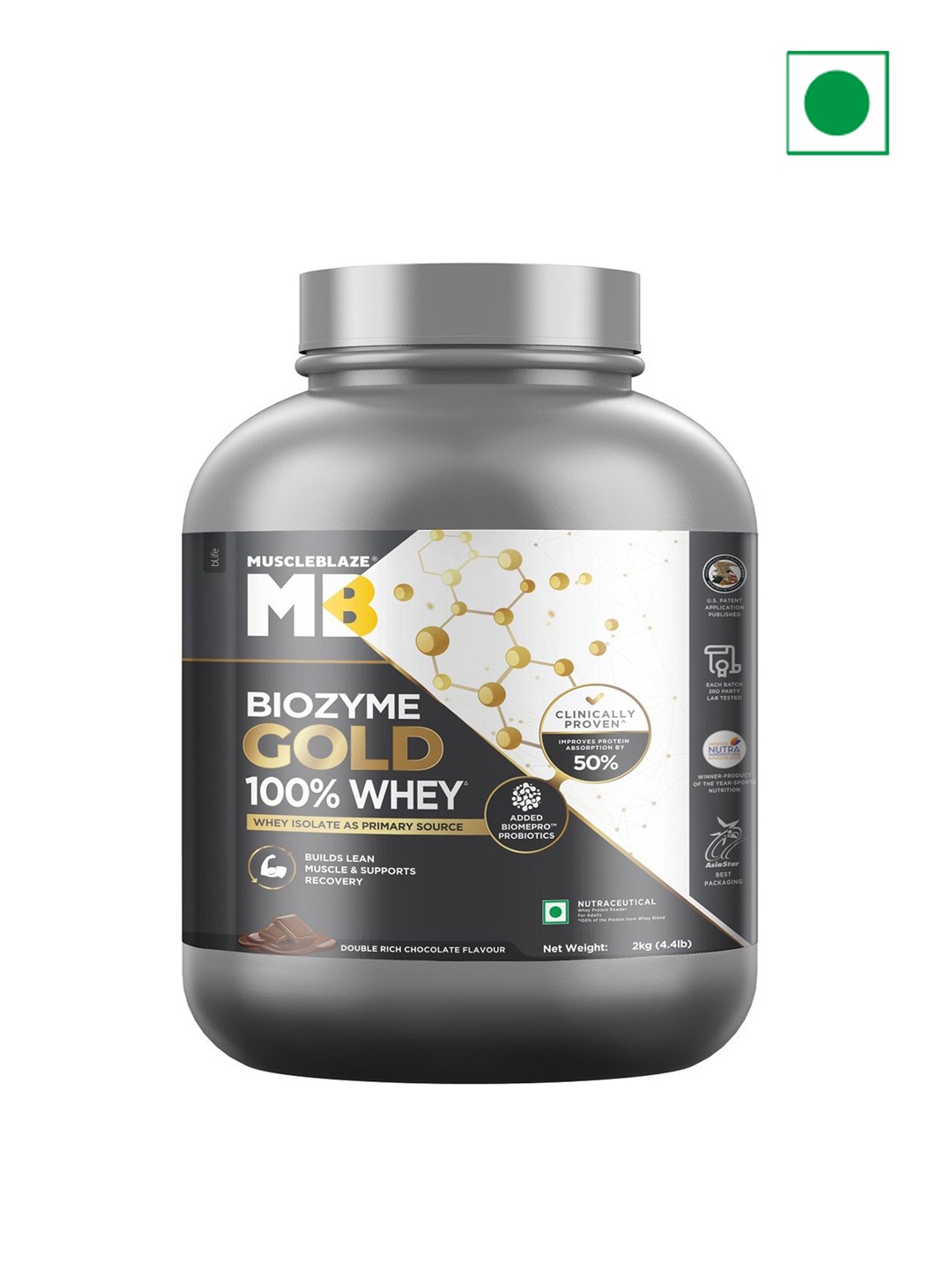 

MuscleBlaze Biozyme Gold 100% Whey Protein - Double Rich Chocolate - 2 Kg, Brown