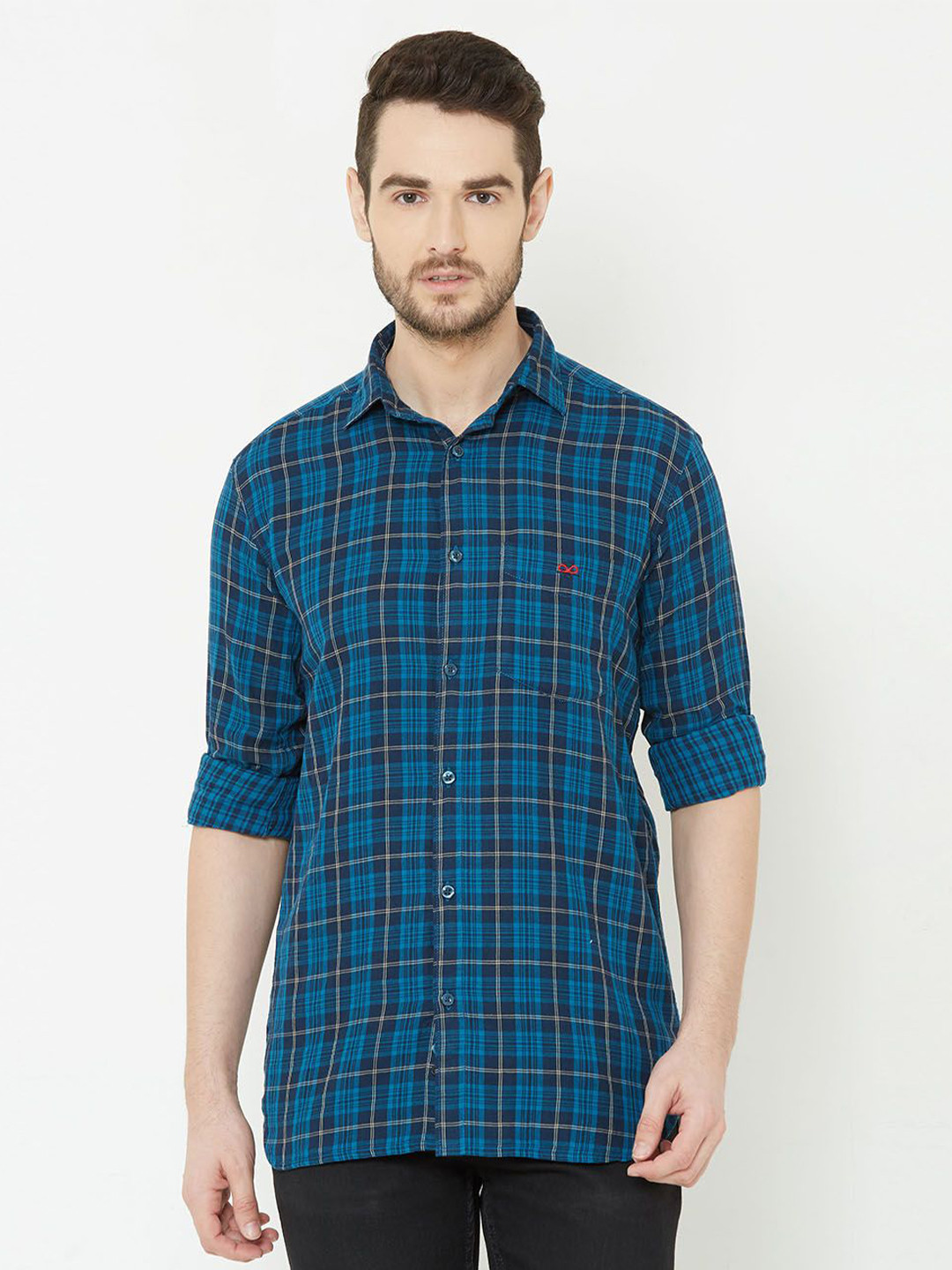 

TERAXO Men Comfort Spread Collar Checked Cotton Casual Shirt, Blue