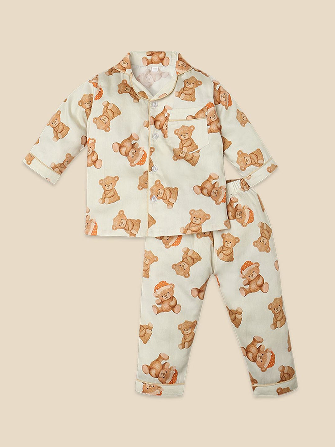 

Fancy Fluff Kids Organic Cotton Conversational Printed Night suit, Beige