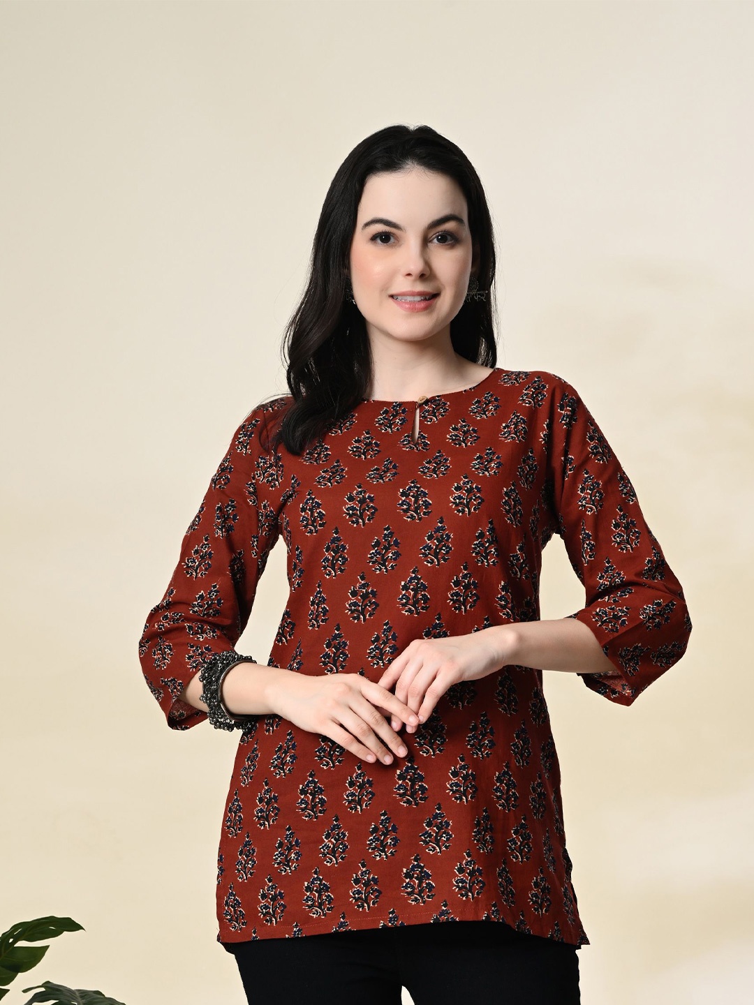 

Fabway Clothing Mandarin Collar Printed Ethnic Tunic, Rust