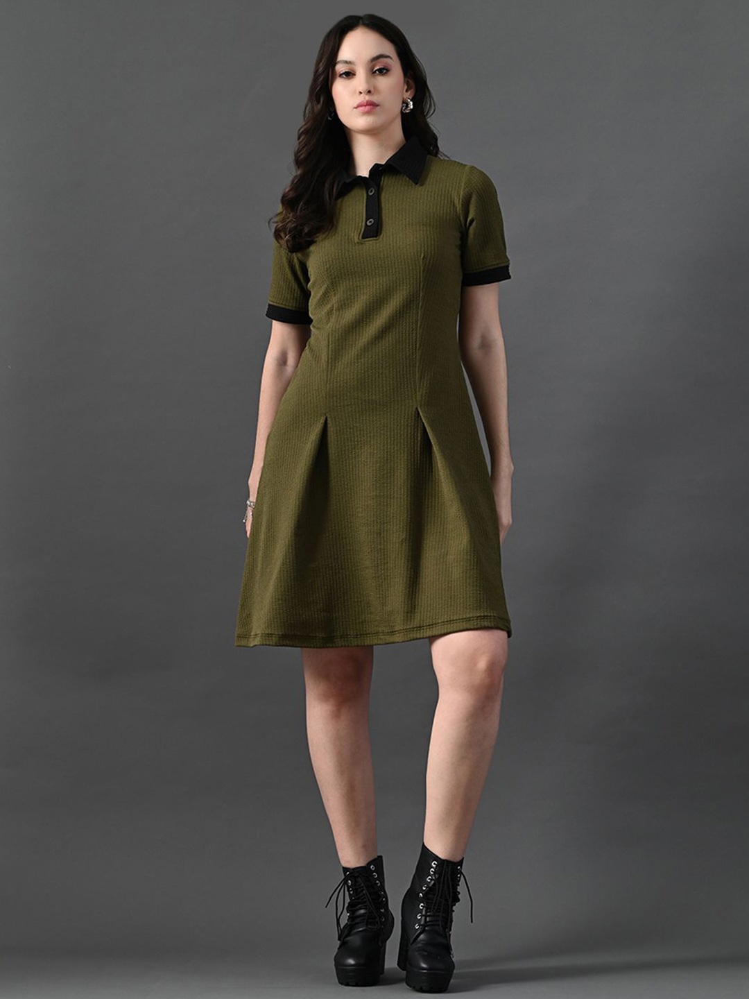 

The Roadster Lifestyle Co Shirt Collar A-Line Dress, Olive