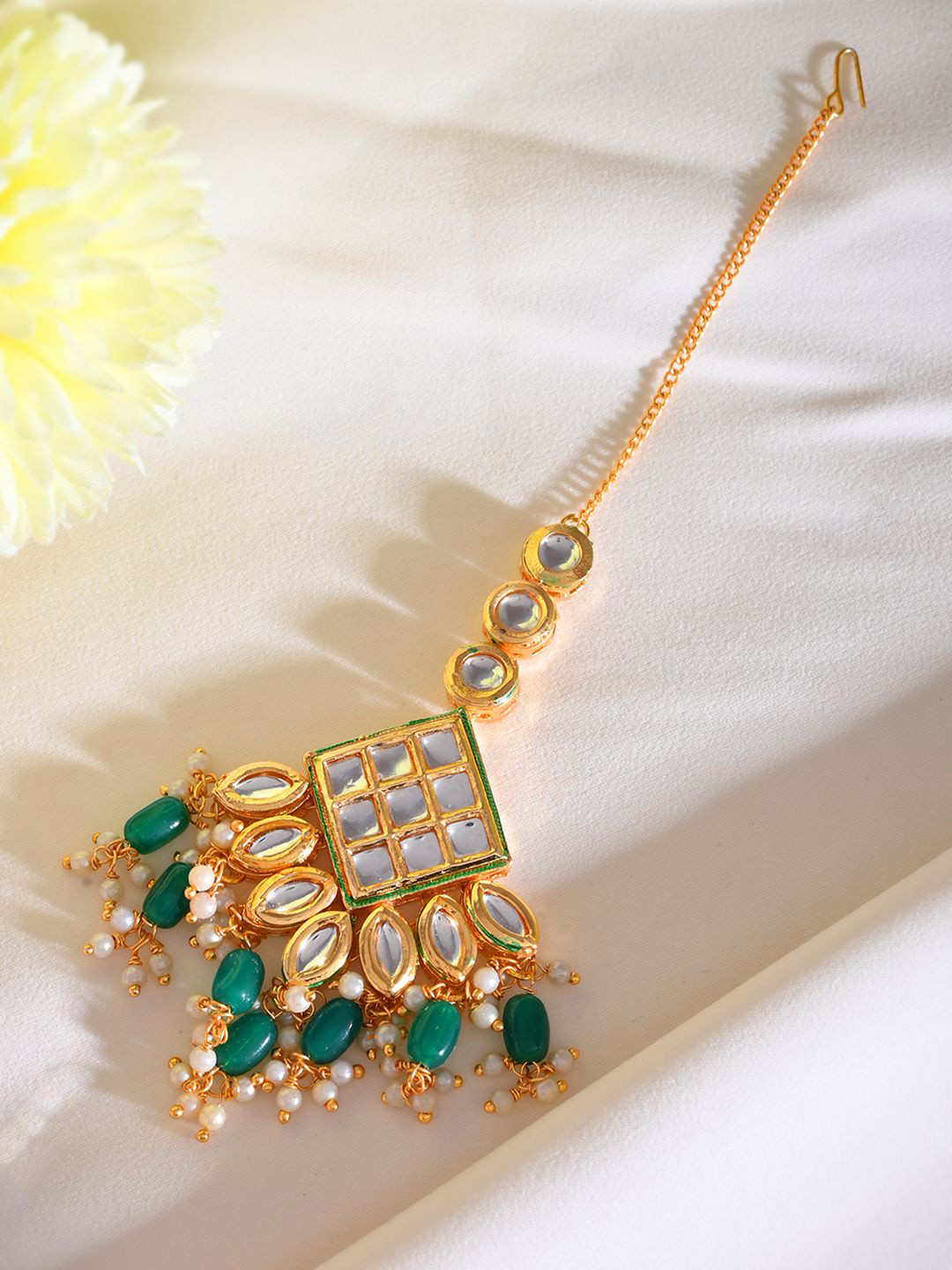 

Silvermerc Designs Gold-Plated Pearls Studded Maang Tikka Head Jewellery