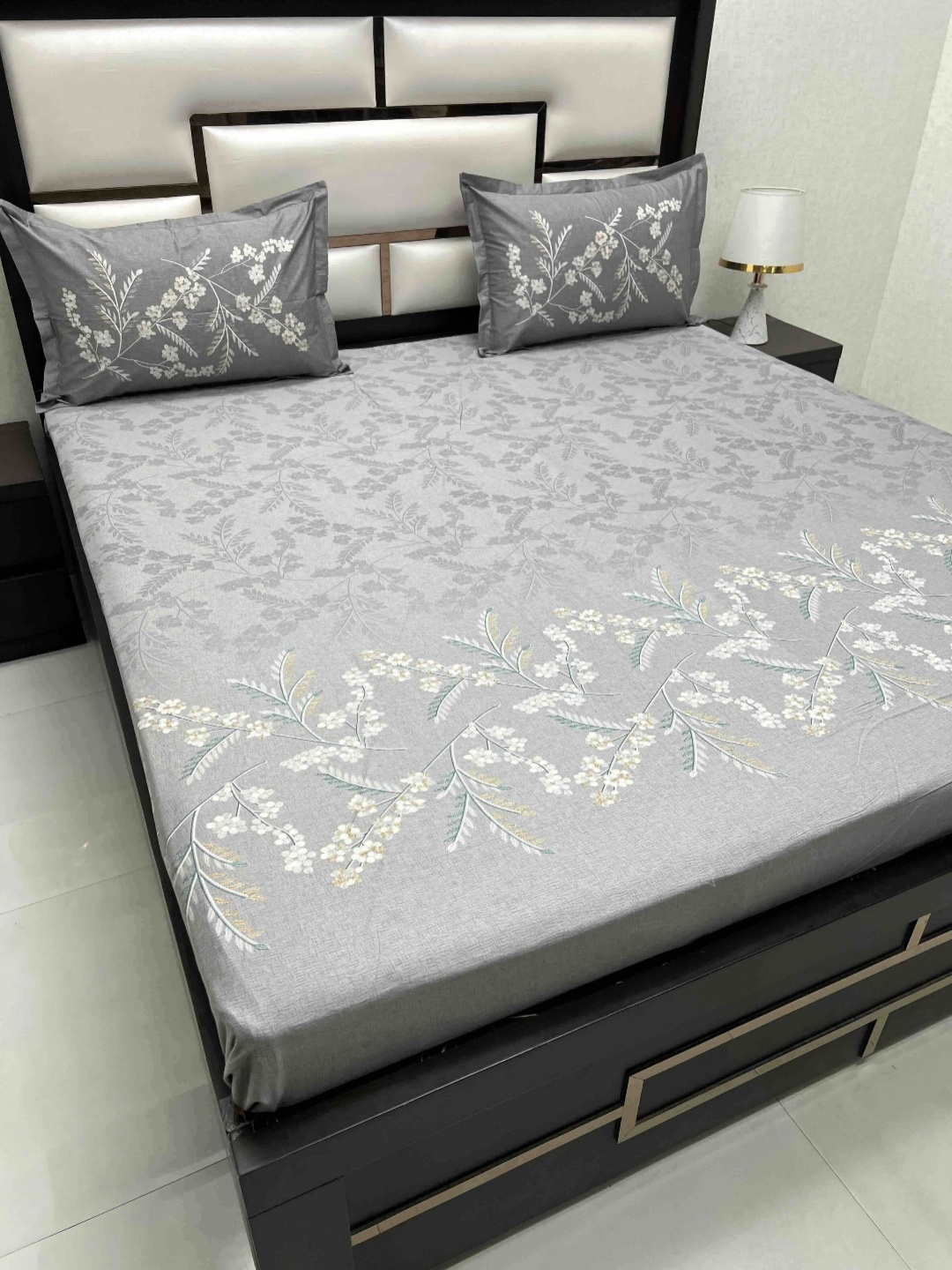 

Pure Decor Grey Floral 260 TC King Bedsheet with 2 Pillow Covers