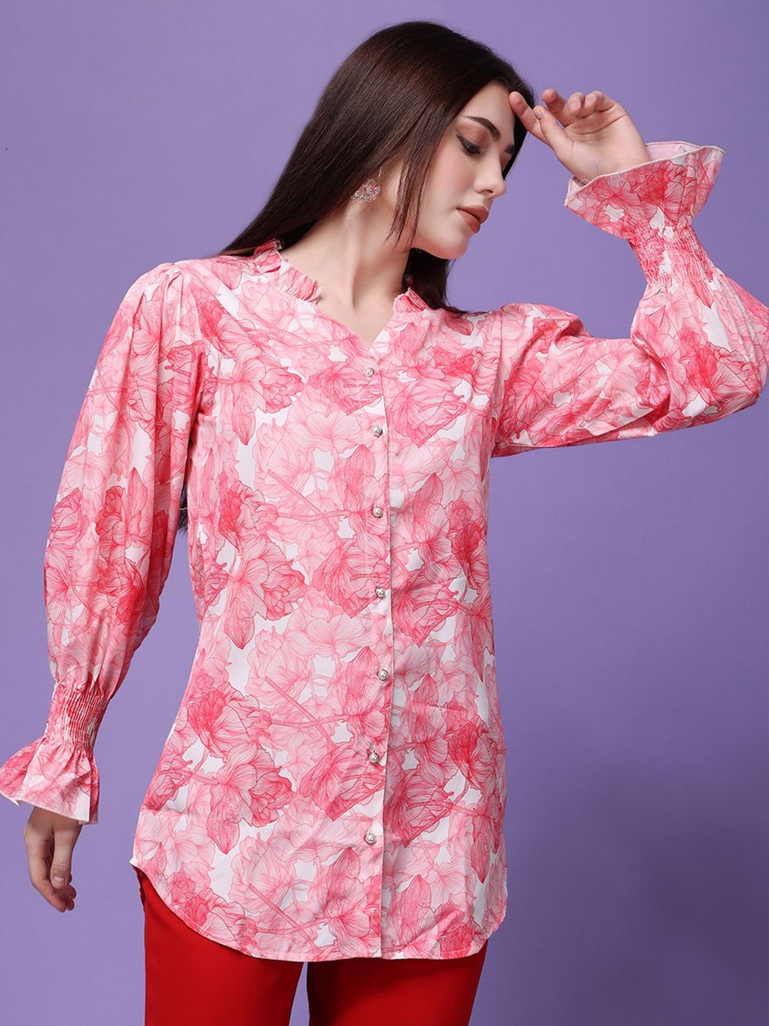 

Fabway Clothing Women Classic Slim Fit Floral Opaque Printed Party Shirt, Pink
