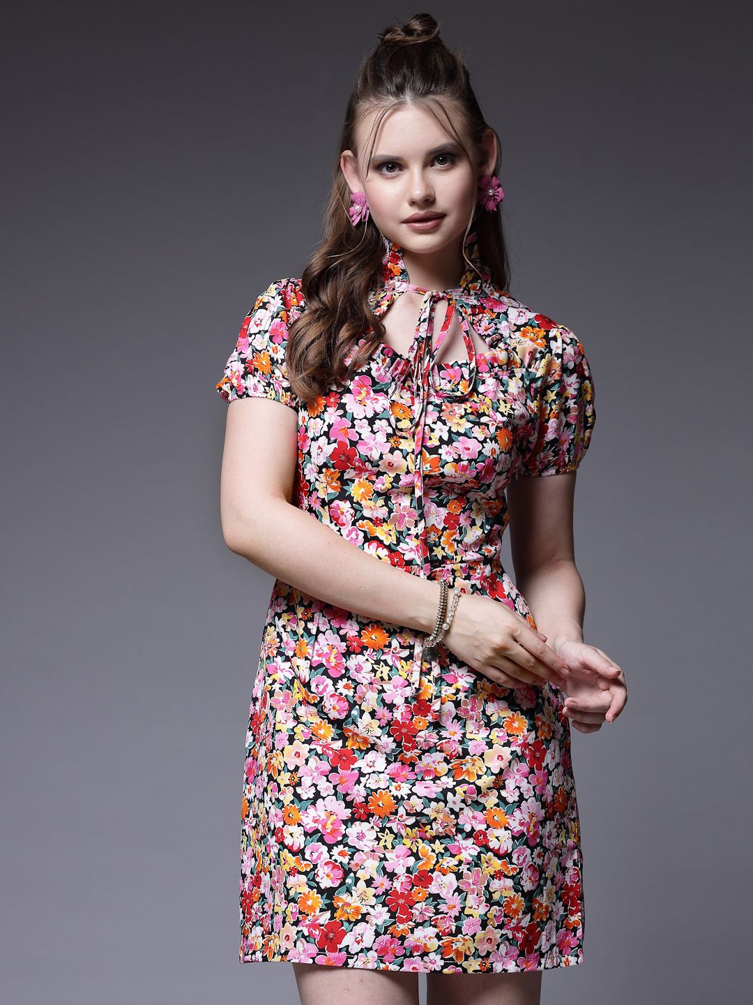 

BEING NAUGHTY Women Floral Printed Tie-Up Neck Puff Sleeve Sheath Dress, Pink