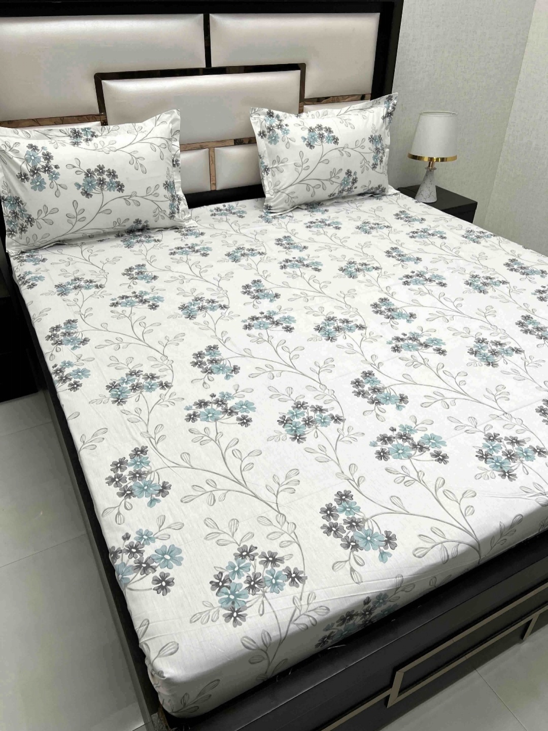 

Pure Decor White & Blue Floral 220 TC King Bedsheet with 2 Pillow Covers
