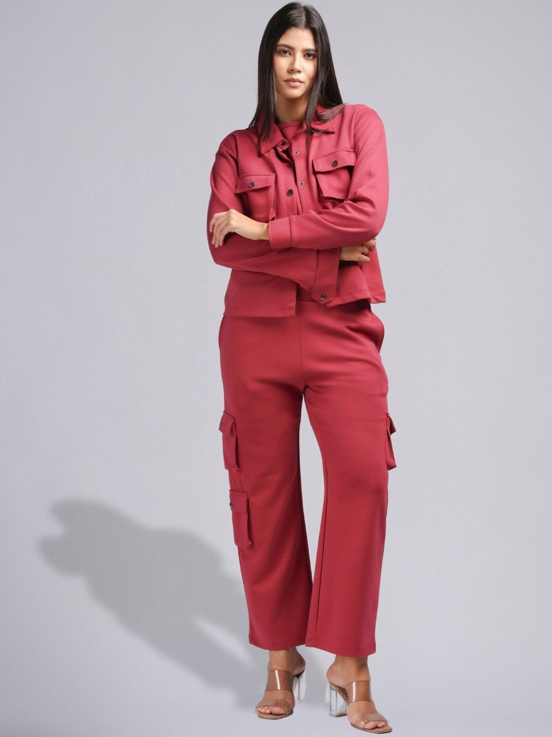 

PUREMIST Round Neck Top Jacket With Trousers, Red