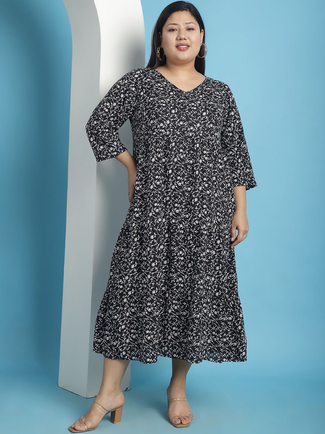 

theRebelinme Floral Print A-Line Midi Dress, Black