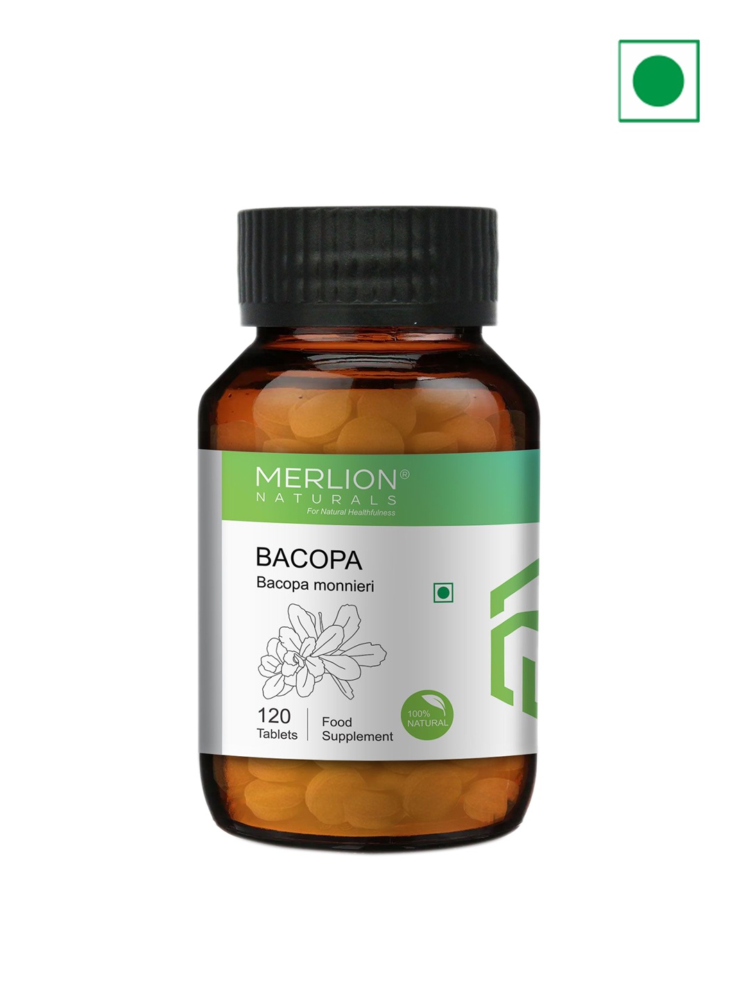 

MERLION NATURALS Bacopa 500 mg Tablets - 120 Tablets, Yellow