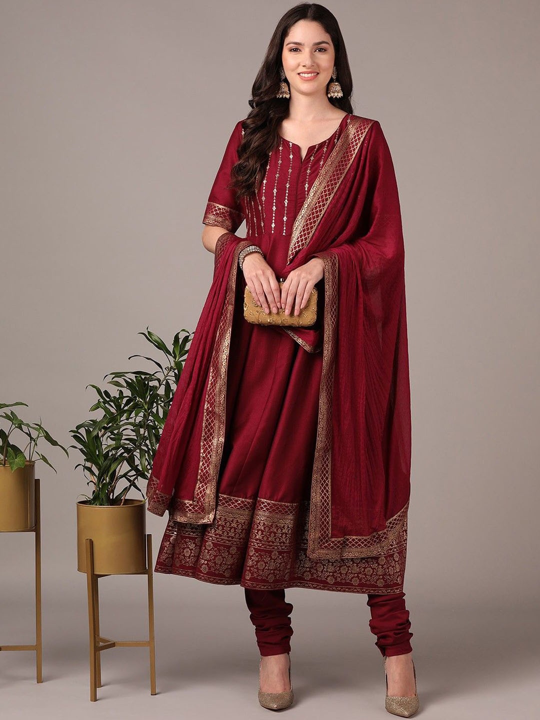 

KALINI Round Neck Woven Design Anarkali Kurta with Churidar & Dupatta, Maroon