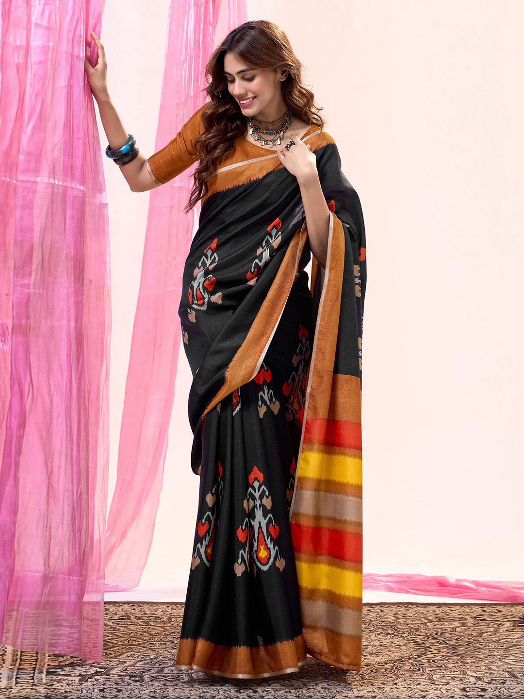 

Mitera Embellished Silk Blend Tussar Saree, Black