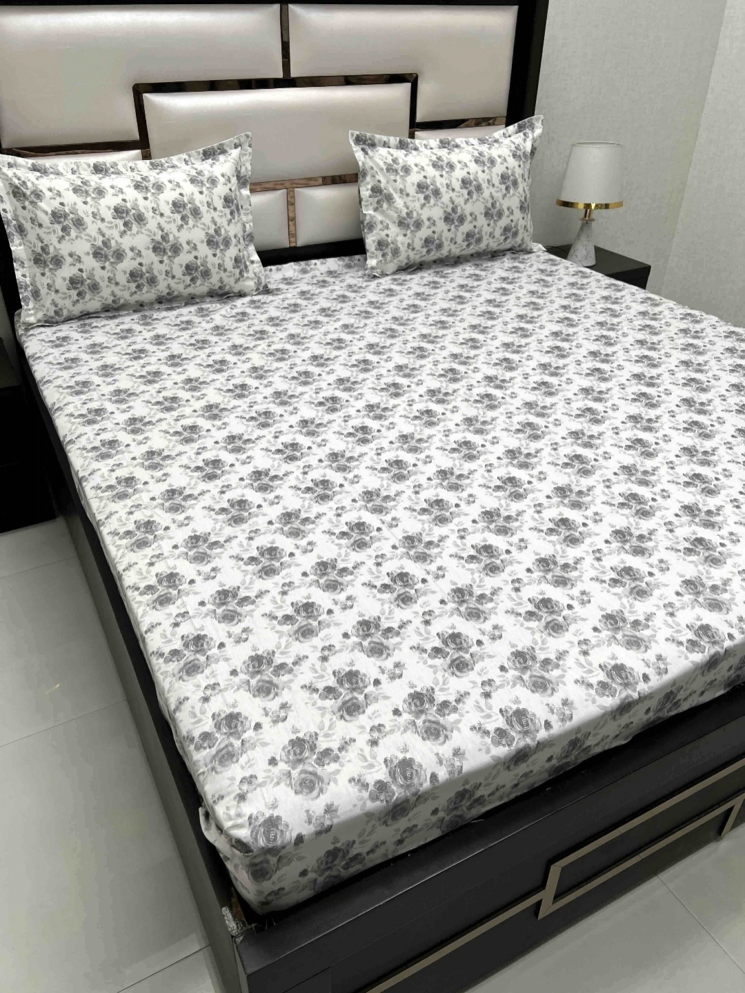 

Pure Decor White & Grey Floral 330 TC King Bedsheet with 2 Pillow Covers