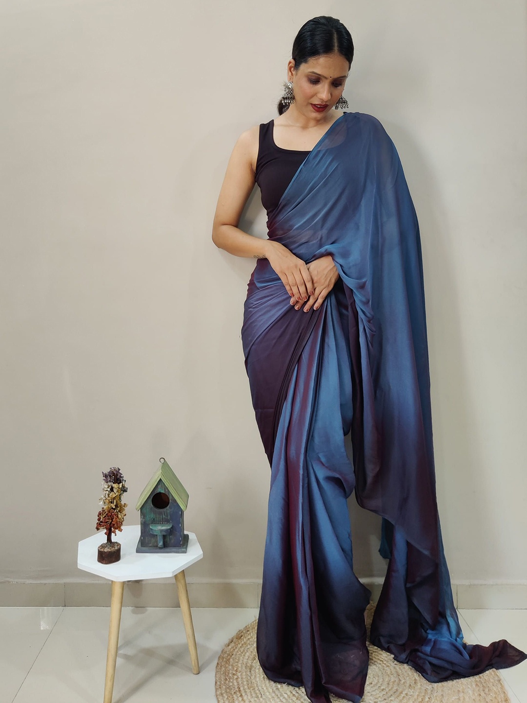 

KAYOMMI Satin Ombre Ready to Wear Saree, Blue