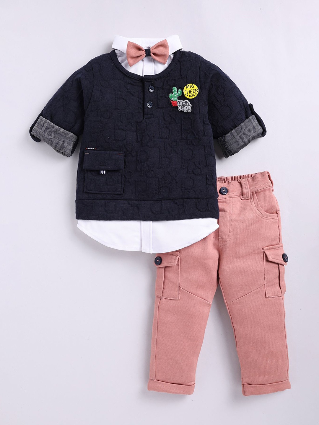 

LITTLE COLLARS Boys Shirt Collar Long Sleeves Shirt With Trouser With T-Shirt, Navy blue