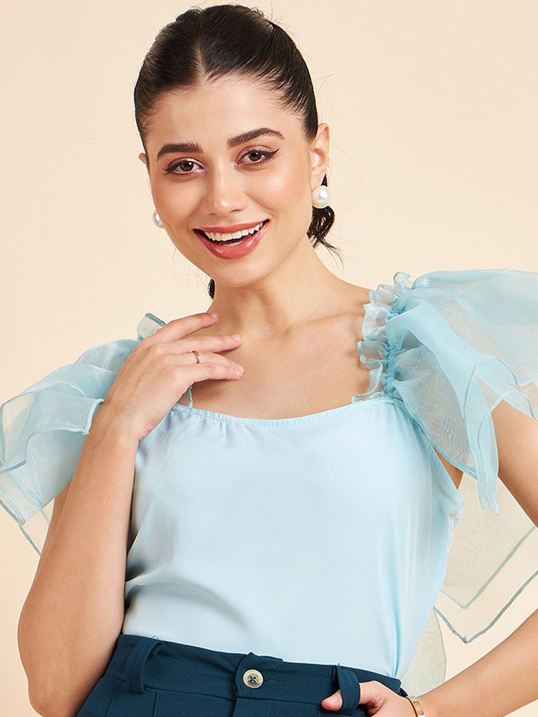 

Fabway Clothing Accordion Pleated Sleeves Ruffles Crepe Crop Top, Turquoise blue