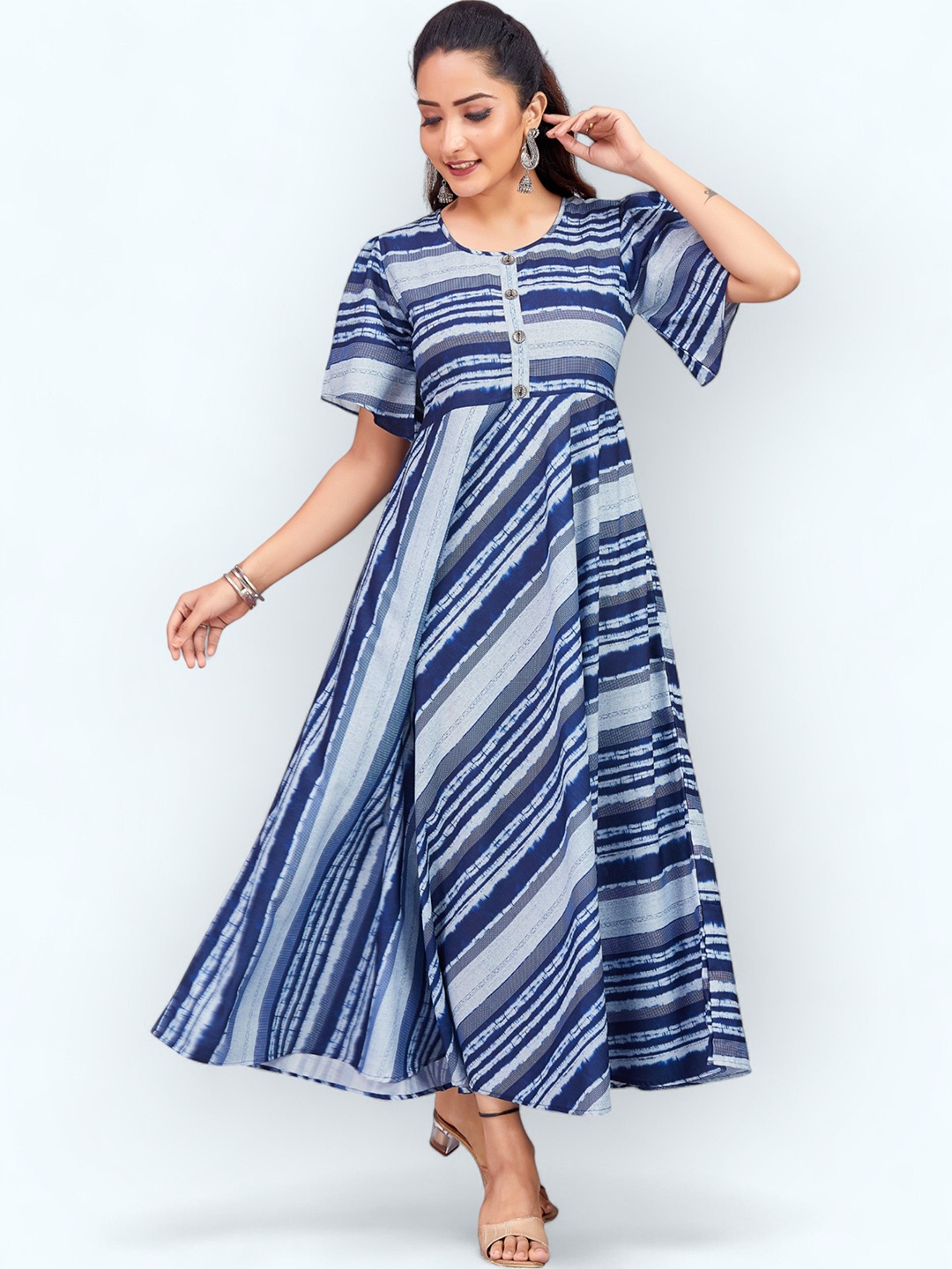 

PAMPER YOURSELF Women Striped Printed Fit & Flare Maxi Dress, Blue
