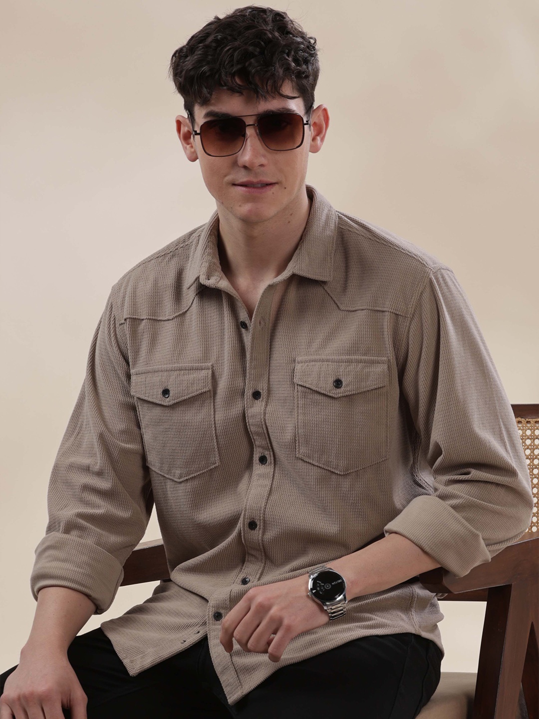

HERE&NOW Men Opaque Casual Shirt, Beige