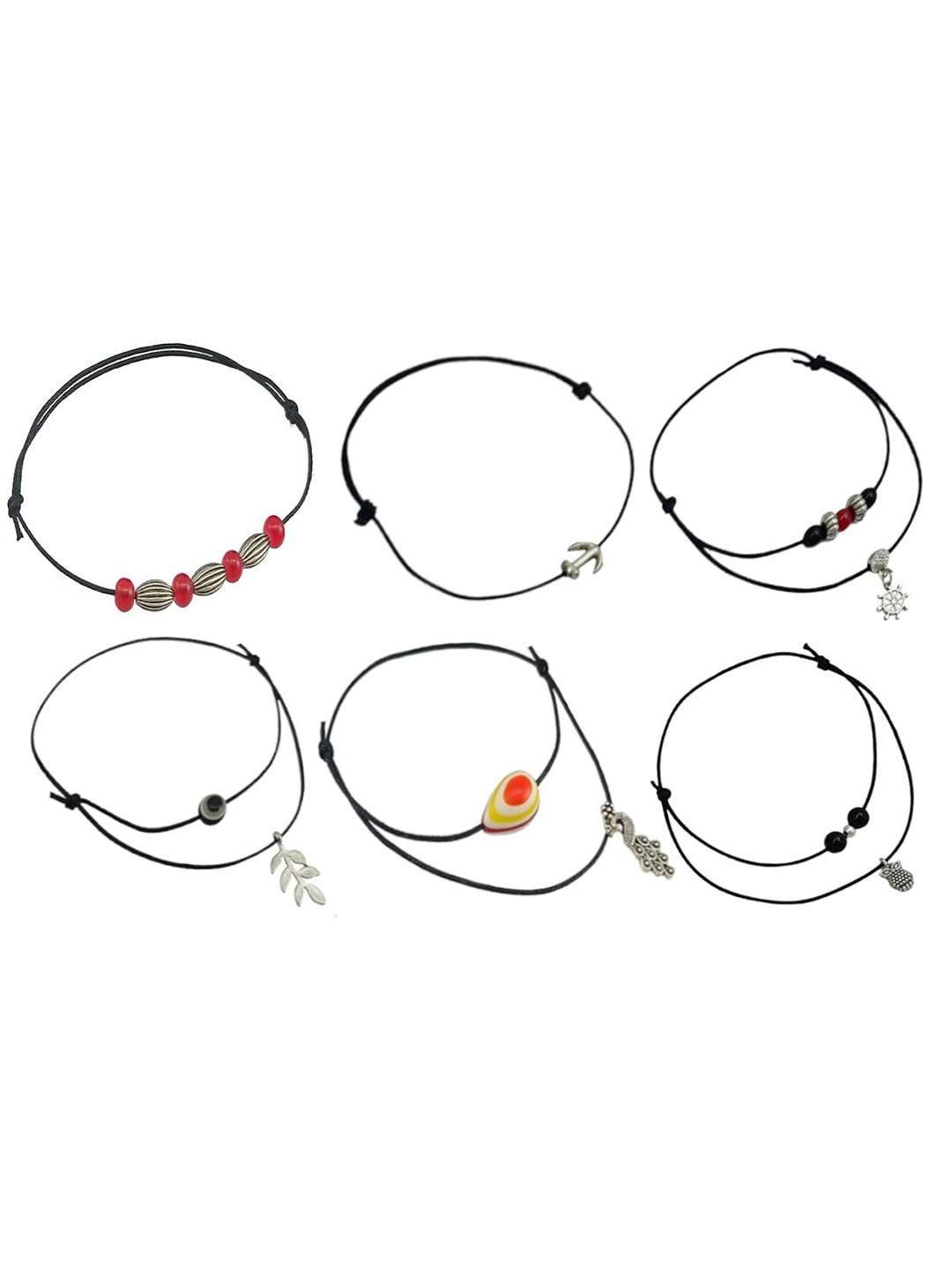 

HIGH TRENDZ Pack Of 6 Single Leg Beads Anklet, Silver