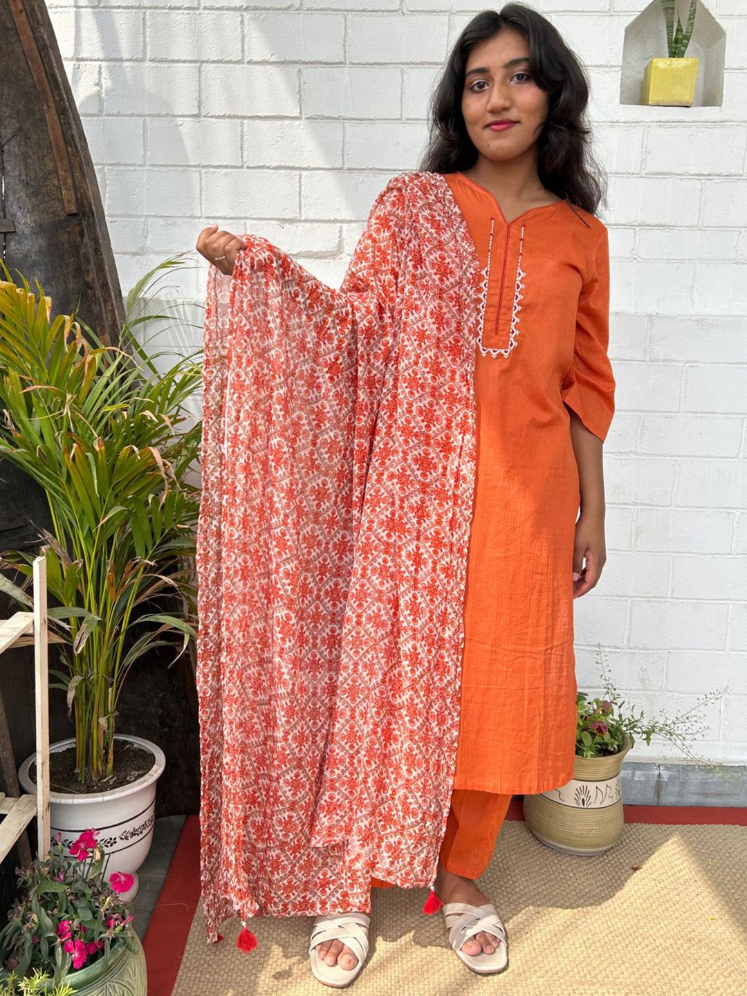 

zuri V-Neck Regular Thread Work Pure Cotton Straight Kurta With Trouser & Dupatta, Orange