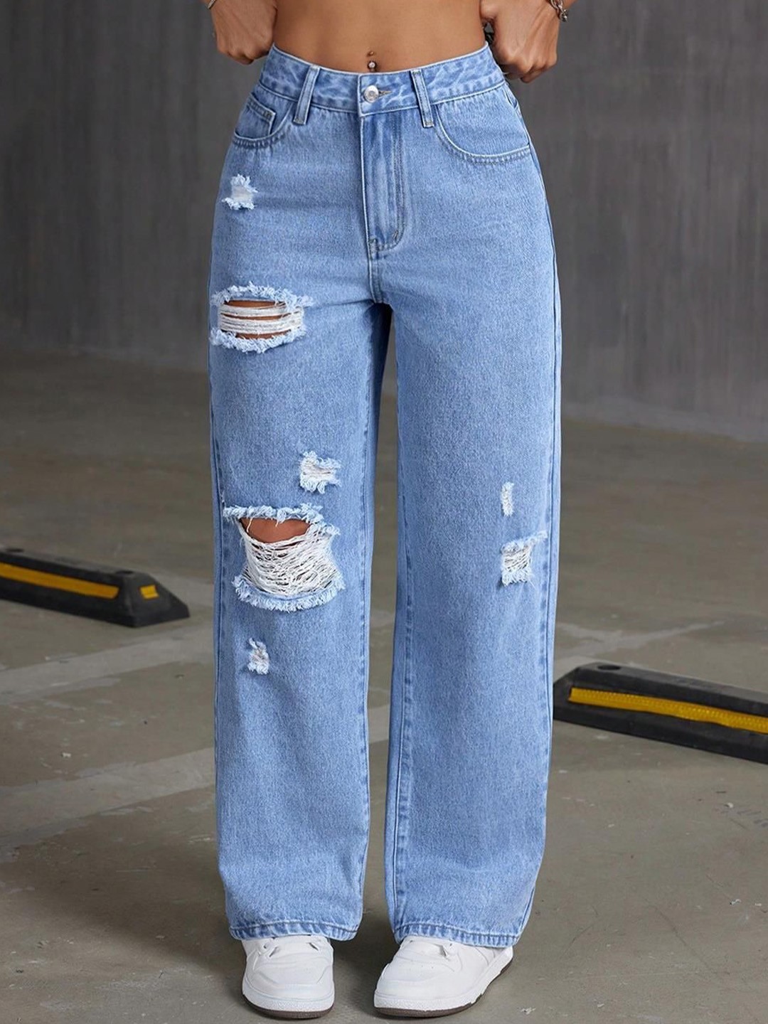 

Kotty Women Straight Fit High-Rise Highly Distressed Stretchable Jeans, Blue