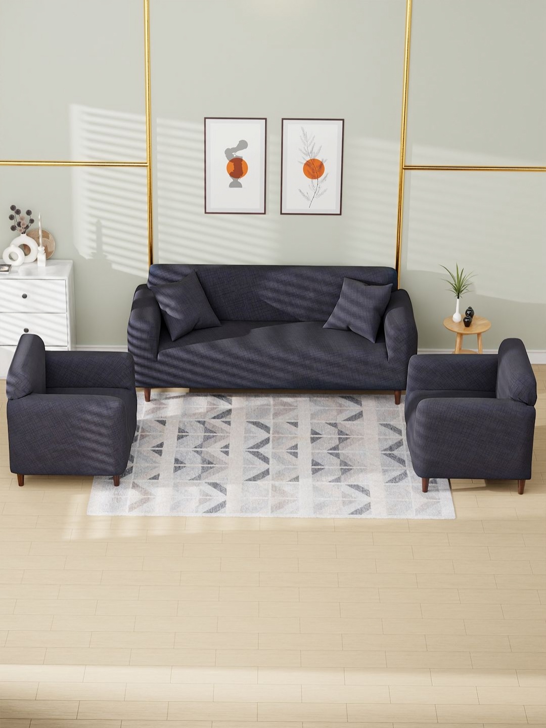 

Myntra Elegant Homes Blue Geometric Printed 5 Pieces 5-Seater Sofa Cover With Arms