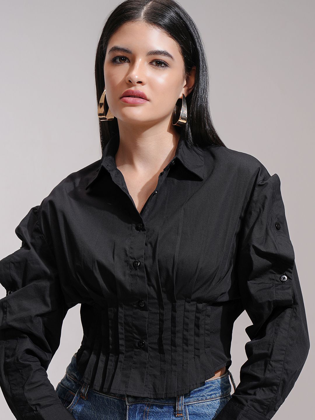 

Tokyo Talkies Women Cutaway Collar Solid Cotton Casual Shirt, Black
