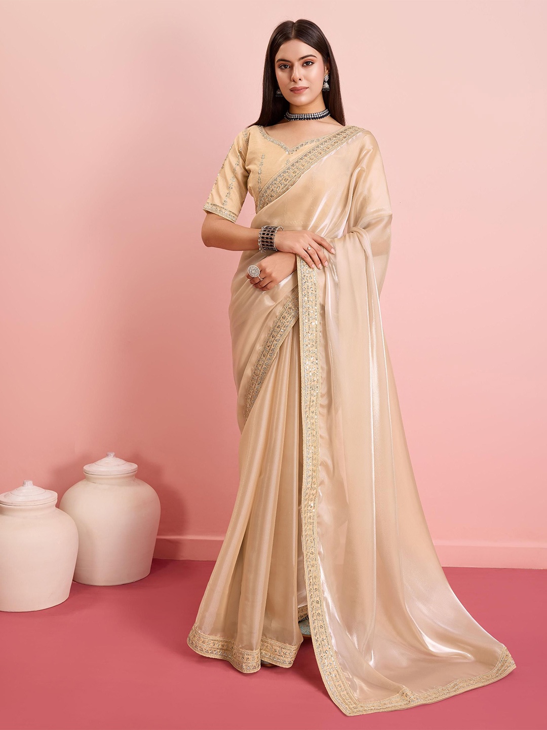 

HERE&NOW Sequined Embellished Saree With Blouse Piece, Cream